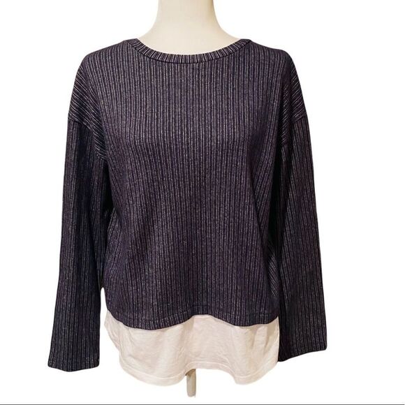Zara Sweater Blue & Grey Stripe Size Small Faux Undershirt At Bottom - Picture 1 of 12